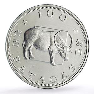 China Macau 100 patacas Ox Bull Year Lunar Calendar proof silver coin 1985