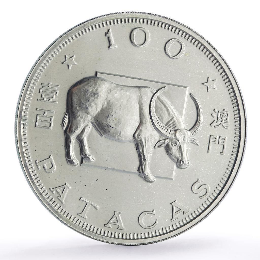 China Macau 100 patacas Ox Bull Year Lunar Calendar proof silver coin 1985