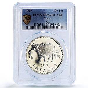 China Macau 100 patacas Ox Year Lunar Calendar PR68 PCGS silver coin 1997