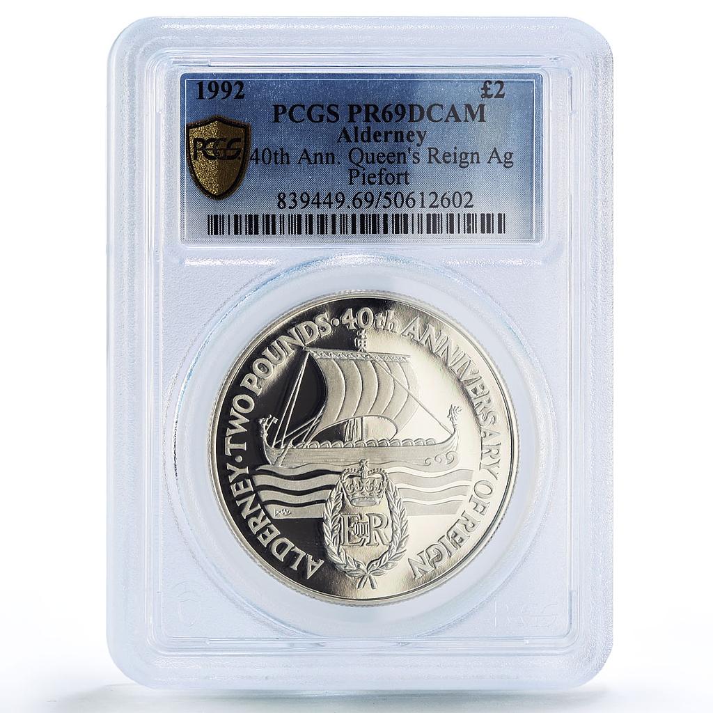Alderney 2 pounds Queen's Reign Ship History Piefort PR69 PCGS silver coin 1992