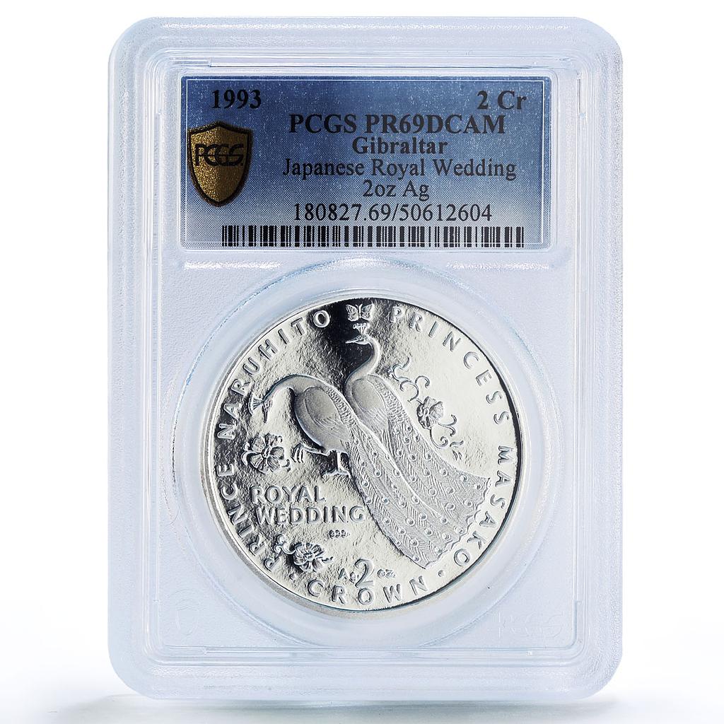 Gibraltar 2 crowns Naruhito Wedding Peacock Bird PR69 PCGS 2 oz silver coin 1993