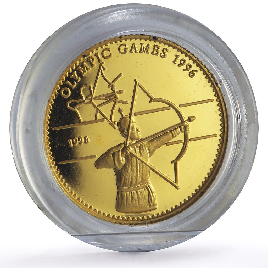 Mongolia 500 togrog Archery Atlanta Summer Olympics Sports proof gold coin 1996