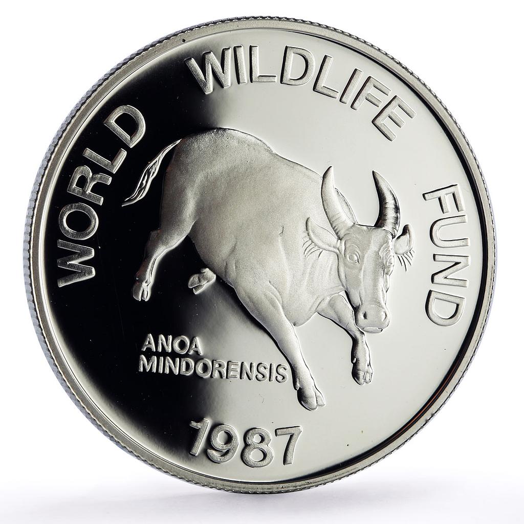 Philippines 200 piso Mindoro Bull Wildlife WWF Fauna proof silver coin 1987