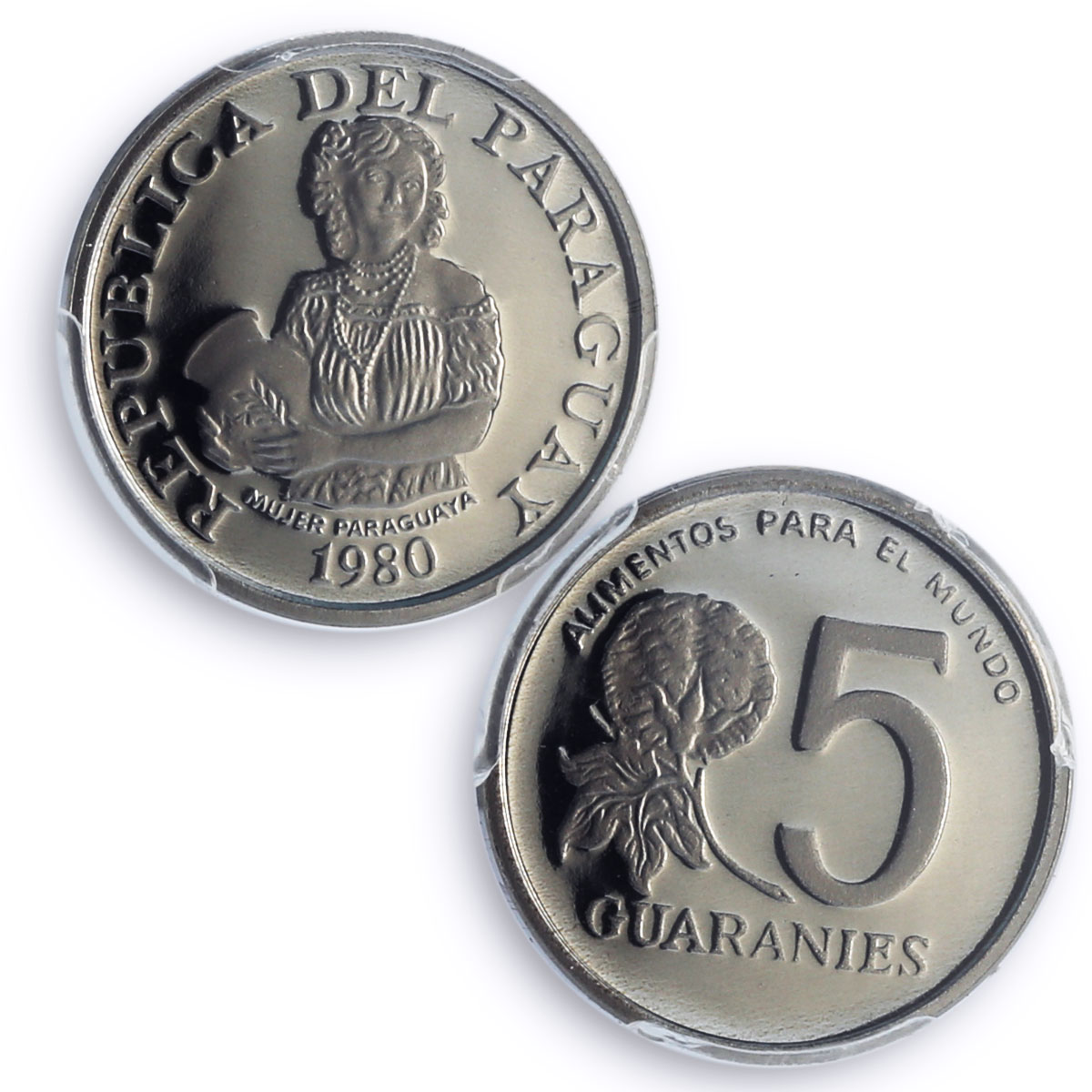 Paraguay 5 guaranies FAO World Food Day Woman Flower PR70 PCGS NiSteel coin 1980