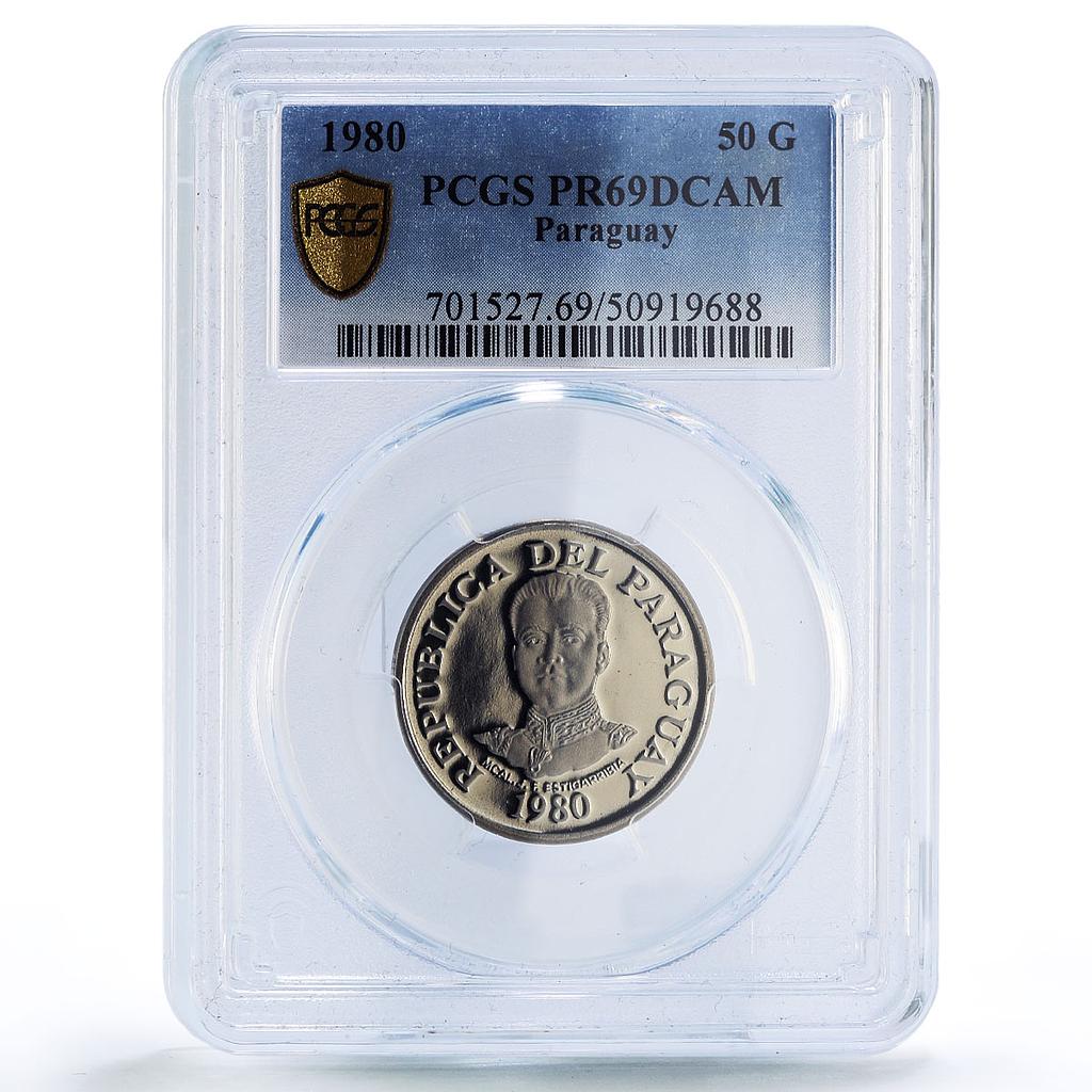 Paraguay 50 guaranies Estigarribia Dam Acaray River PR69 PCGS NiSteel coin 1980