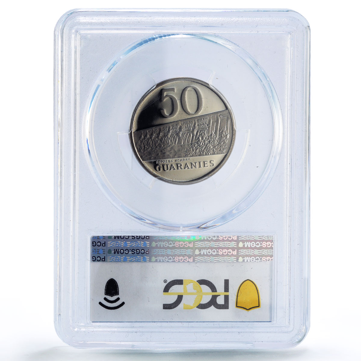 Paraguay 50 guaranies Estigarribia Dam Acaray River PR69 PCGS NiSteel coin 1980