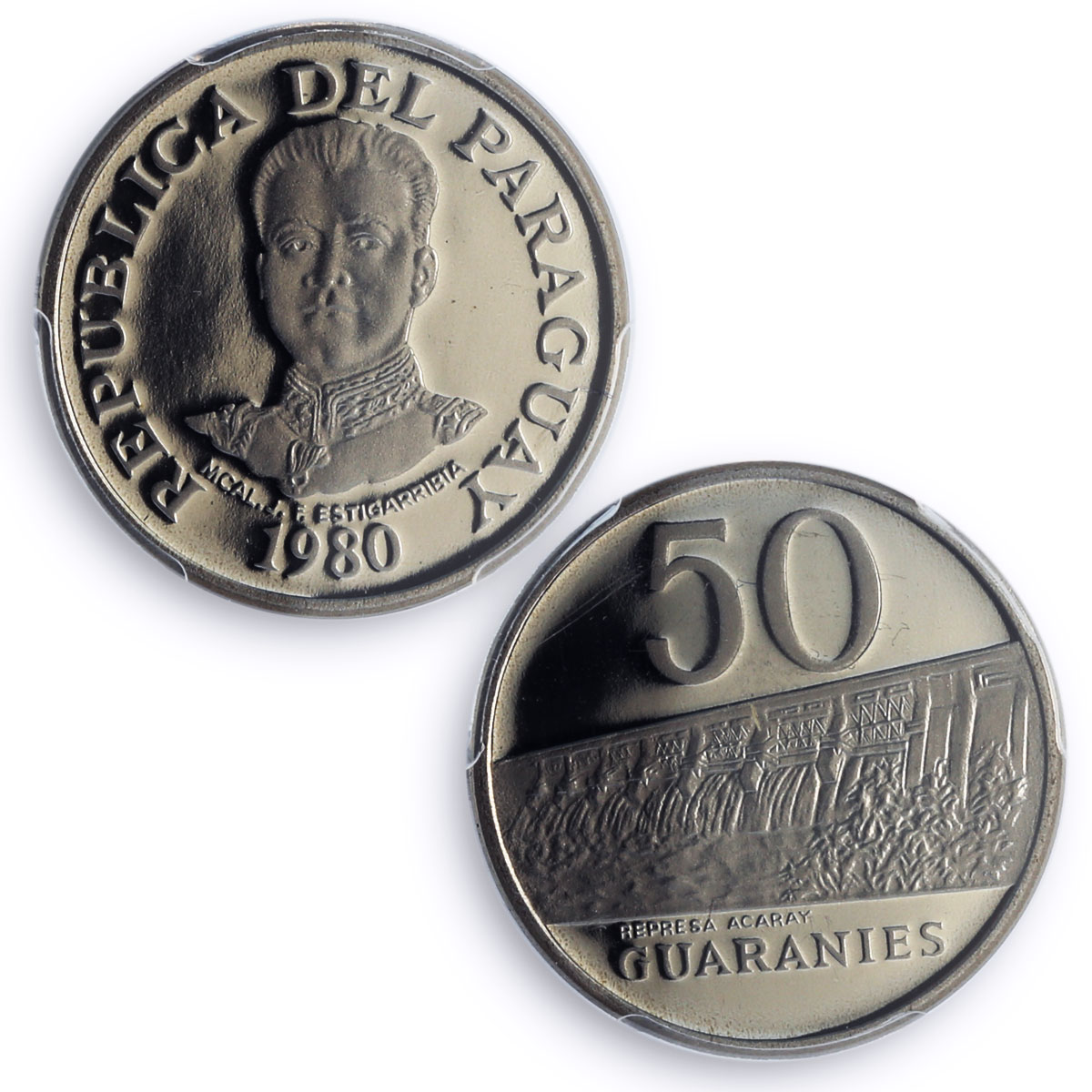 Paraguay 50 guaranies Estigarribia Dam Acaray River PR69 PCGS NiSteel coin 1980