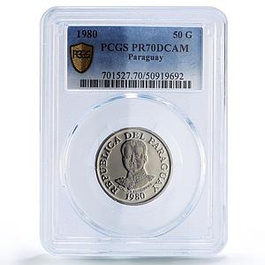 Paraguay 50 guaranies Estigarribia Dam Acaray River PR70 PCGS NiSteel coin 1980