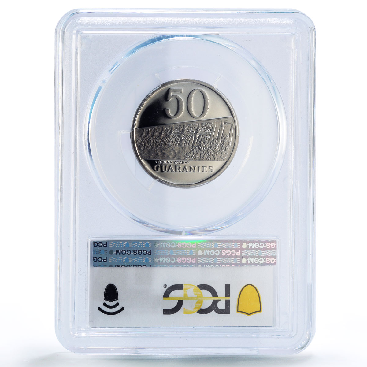 Paraguay 50 guaranies Estigarribia Dam Acaray River PR70 PCGS NiSteel coin 1980