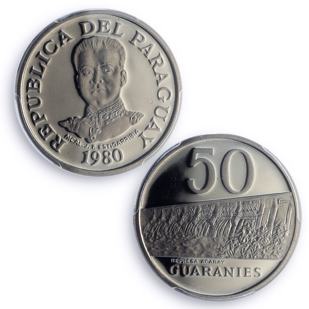 Paraguay 50 guaranies Estigarribia Dam Acaray River PR70 PCGS NiSteel coin 1980