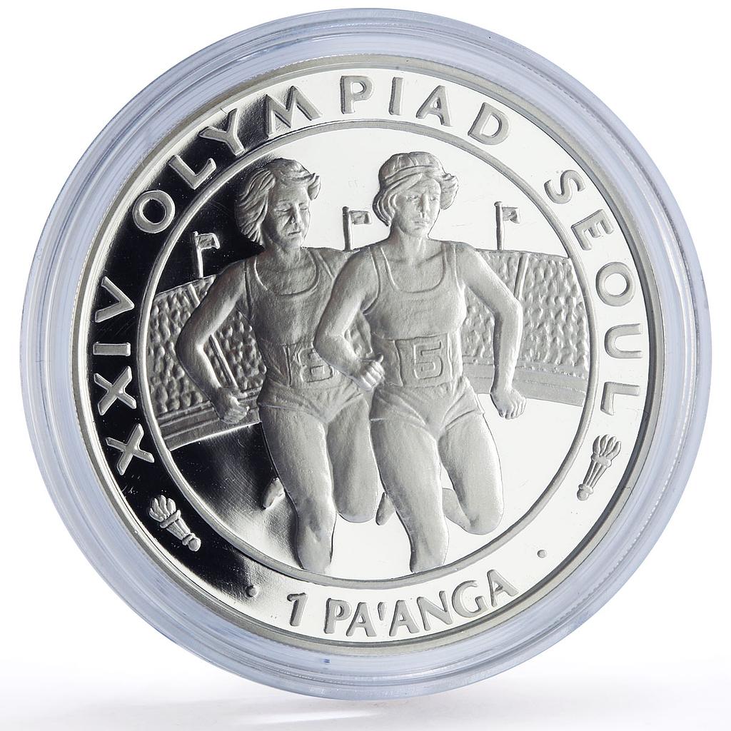 Tonga 1 paanga Runners Seoul Olympic Games Sports proof silver coin 1988