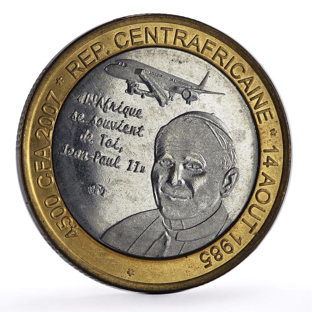 Central Africa 4500 francs John Paul II Plane Elephant Three Africa coin 2007