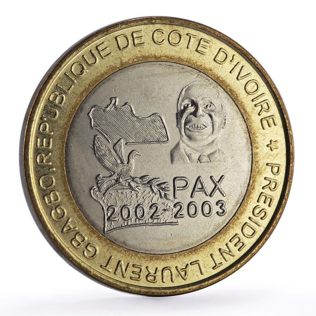 Ivory Coast 6000 francs Laurent Gbagbo Elephant Four Africa bimetal coin 2003