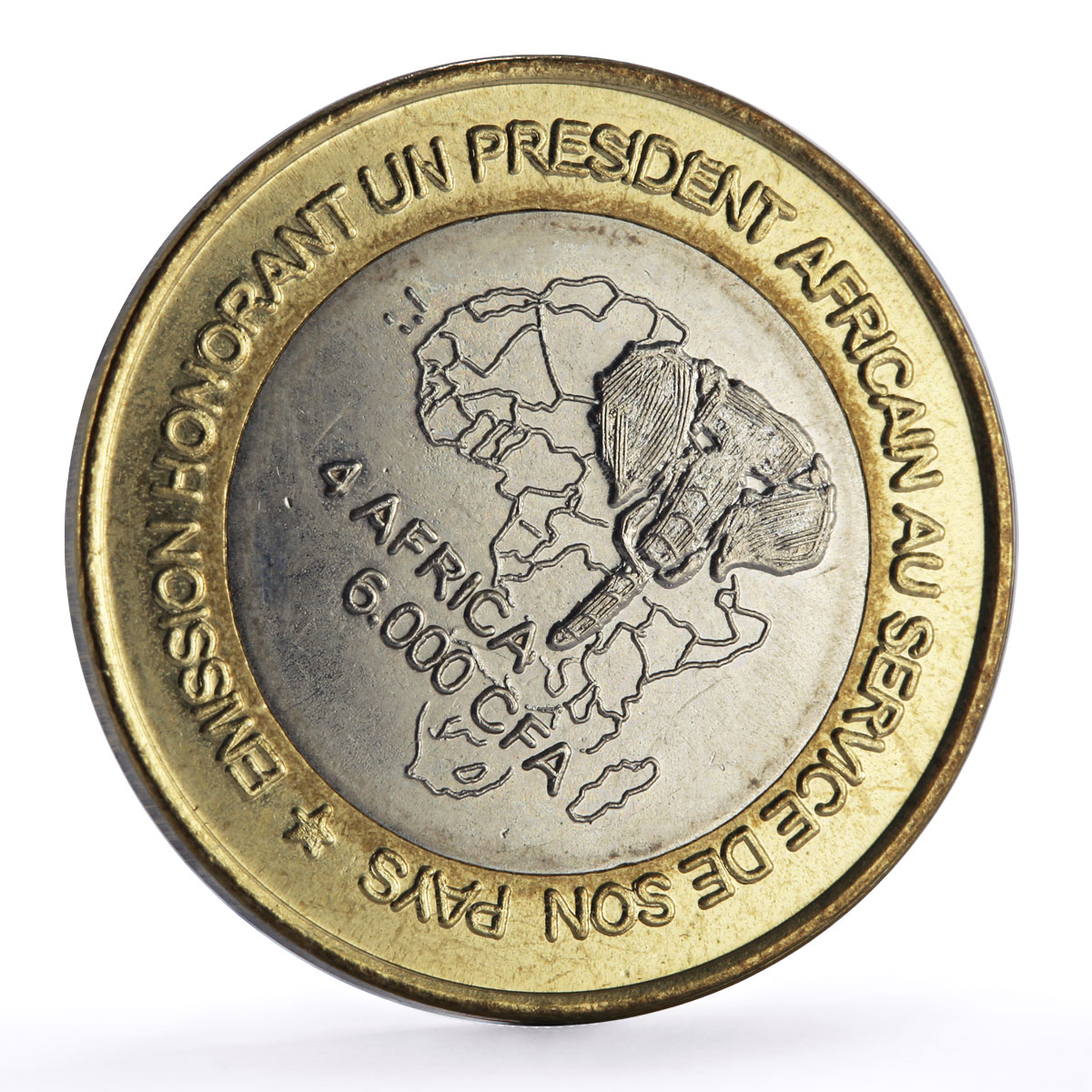 Ivory Coast 6000 francs Laurent Gbagbo Elephant Four Africa bimetal coin 2003