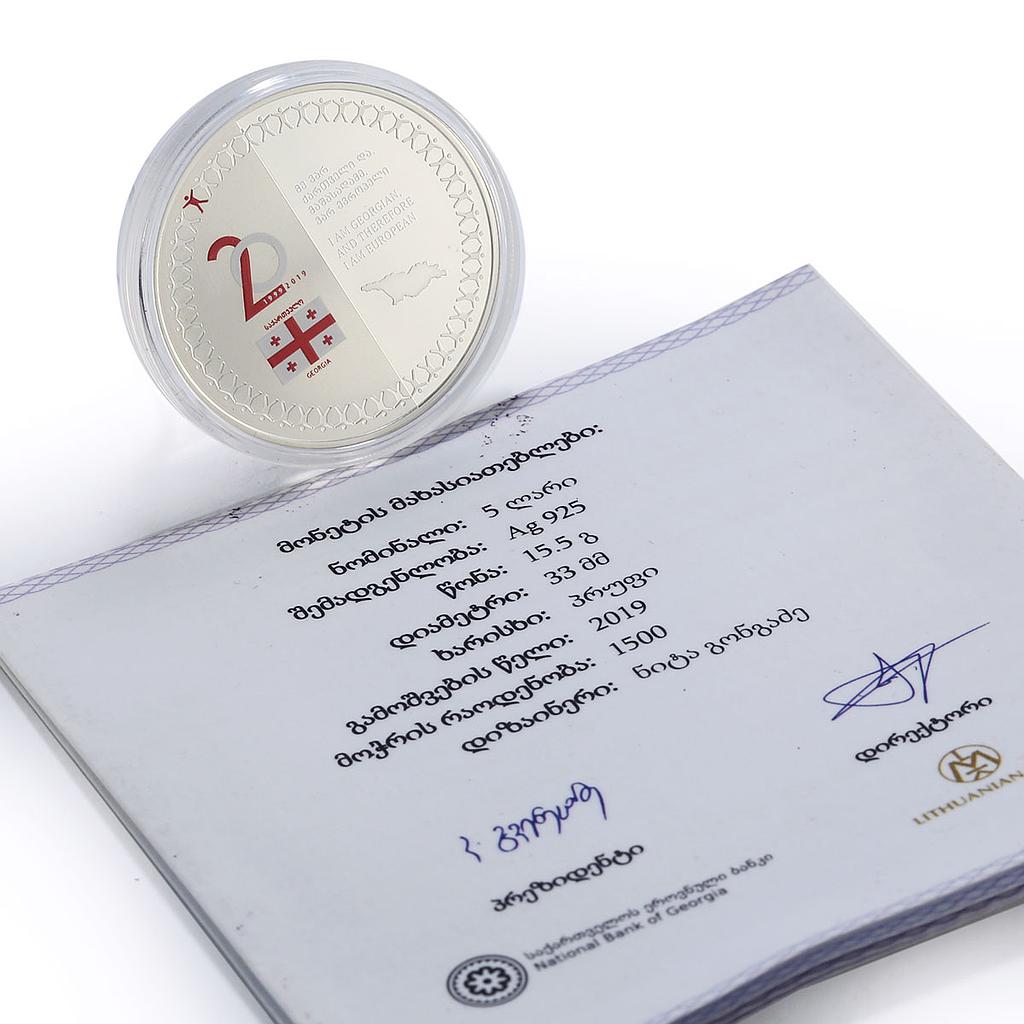 Georgia 5 lari Council Europe Accession History Politics proof silver coin 2019