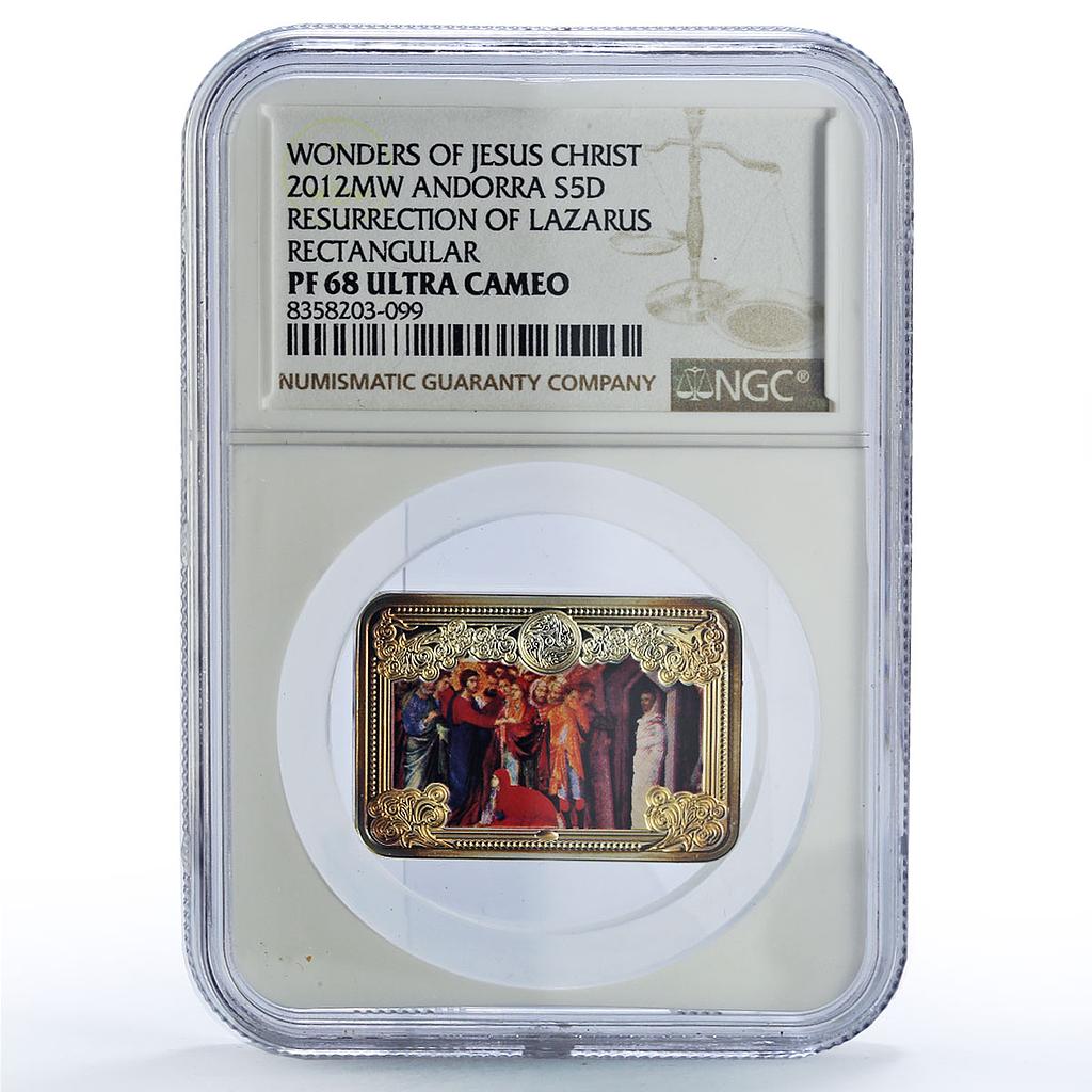 Andorra 5 diners Resurrection Lazarus Christ Wonders Art PF68 NGC Ag coin 2012