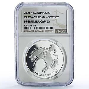 Argentina 25 pesos Doma Criolla Man Horse Ibero-American PF68 NGC Ag coin 2000