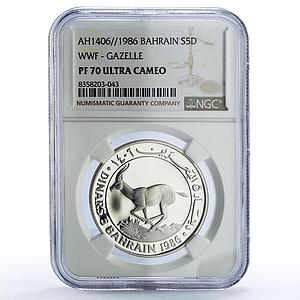 Bahrain 5 dinars Gazelle WWF Wildlife Fund Fauna PF70 NGC silver coin 1986