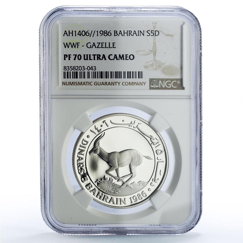 Bahrain 5 dinars Gazelle WWF Wildlife Fund Fauna PF70 NGC silver coin 1986