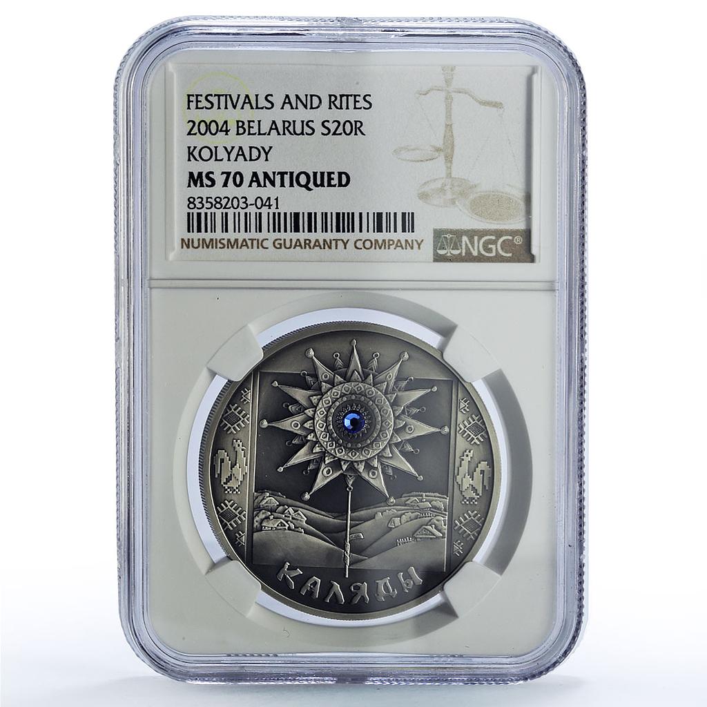 Belarus 20 roubles Kalyady Kolyady Festivals Rites MS70 NGC silver coin 2004
