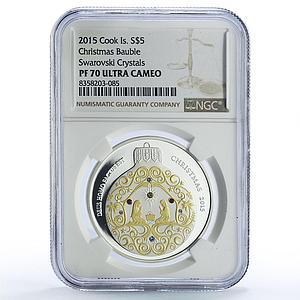Cook Islands 5 dollars Christmas Bauble Religion Gilt PF70 NGC silver coin 2015