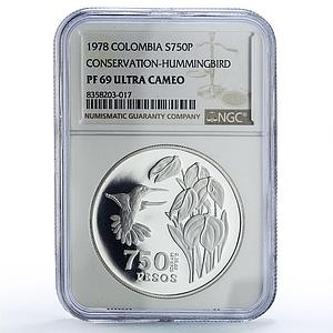 Colombia 750 pesos Hummingbird Conservation Fauna PF69 NGC silver coin 1978
