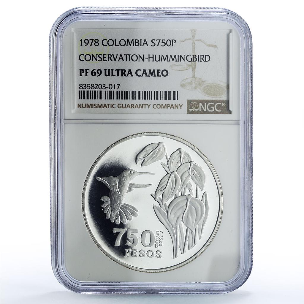Colombia 750 pesos Hummingbird Conservation Fauna PF69 NGC silver coin 1978