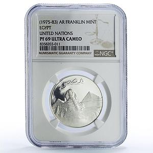 Egypt United Nations UN Sphinx Pyramid Architecture PF69 NGC silver medal 1981