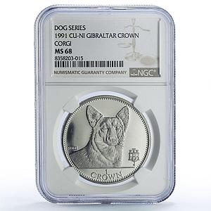 Gibraltar 1 crown Welsh Corgi Dog Homes Pets Animals MS68 NGC CuNi coin 1991