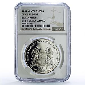 Kenya 1000 shillings President Moi Central Bank PF69 NGC silver coin 1991