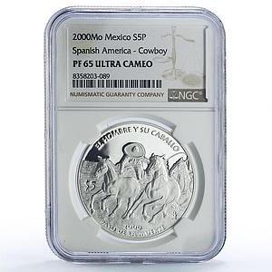 Mexico 5 pesos Paso Muerte Man Horse Ibero-American PF65 NGC silver coin 2000