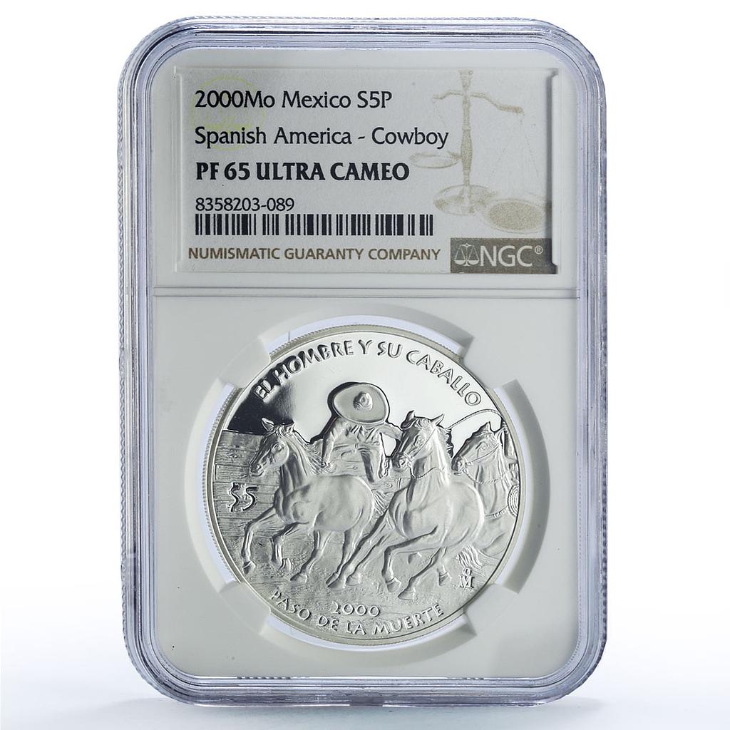Mexico 5 pesos Paso Muerte Man Horse Ibero-American PF65 NGC silver coin 2000