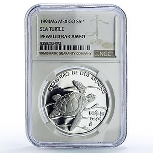 Mexico 5 pesos Sea Turtle Wildlife Ibero-American Fauna PF69 NGC Ag coin 1994