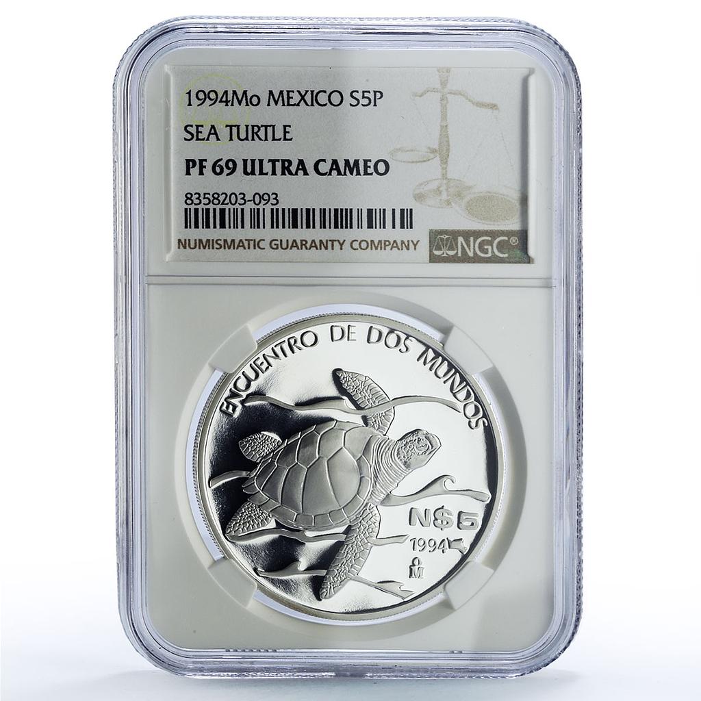Mexico 5 pesos Sea Turtle Wildlife Ibero-American Fauna PF69 NGC Ag coin 1994