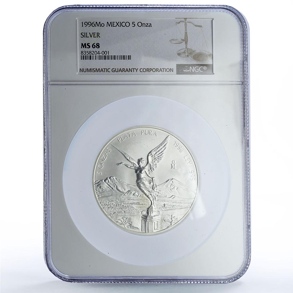 Mexico 5 onzas Libertad Angel of Independence MS68 NGC 5 oz silver coin 1996