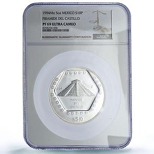 Mexico 10 pesos Piramide Castillo Precolombina Maya PF69 NGC 5 oz Ag coin 1994