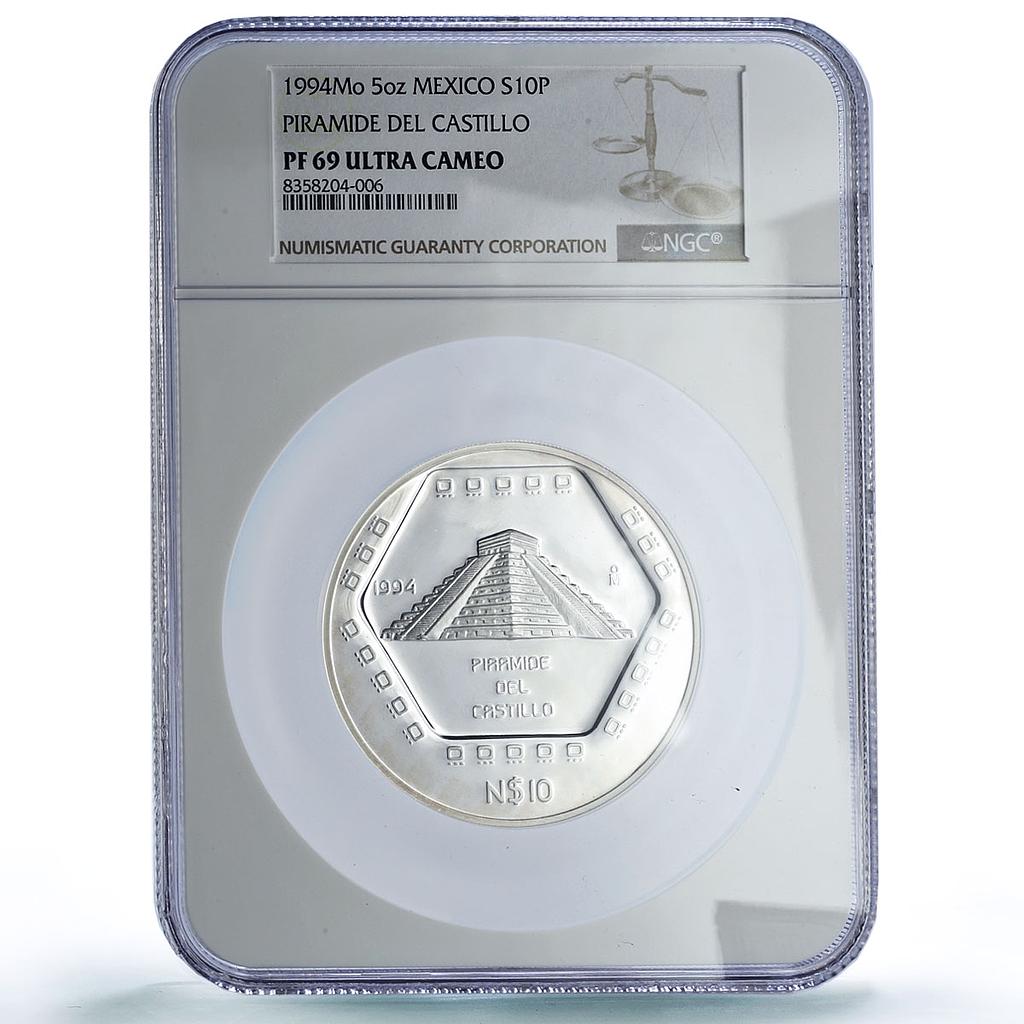 Mexico 10 pesos Piramide Castillo Precolombina Maya PF69 NGC 5 oz Ag coin 1994