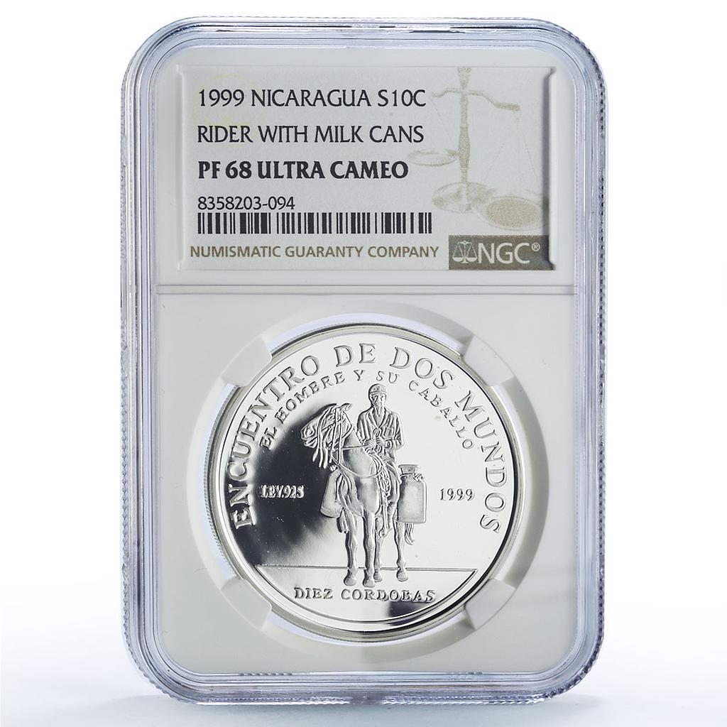 Nicaragua 10 cordobas Delivery Man Horse Ibero-American PF68 NGC Ag coin 1999