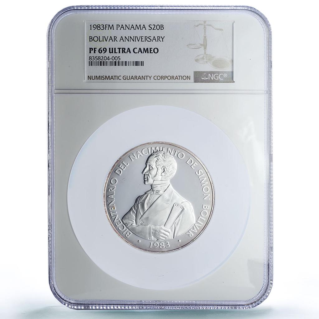 Panama 20 balboas Simon Bolivar 200th Birth Politics PF69 NGC silver coin 1983