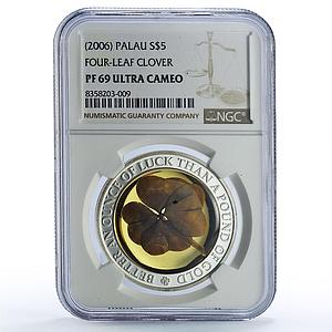 Palau 5 dollars Four Leaf Clover Ounce of Luck PF69 NGC silver coin 2006