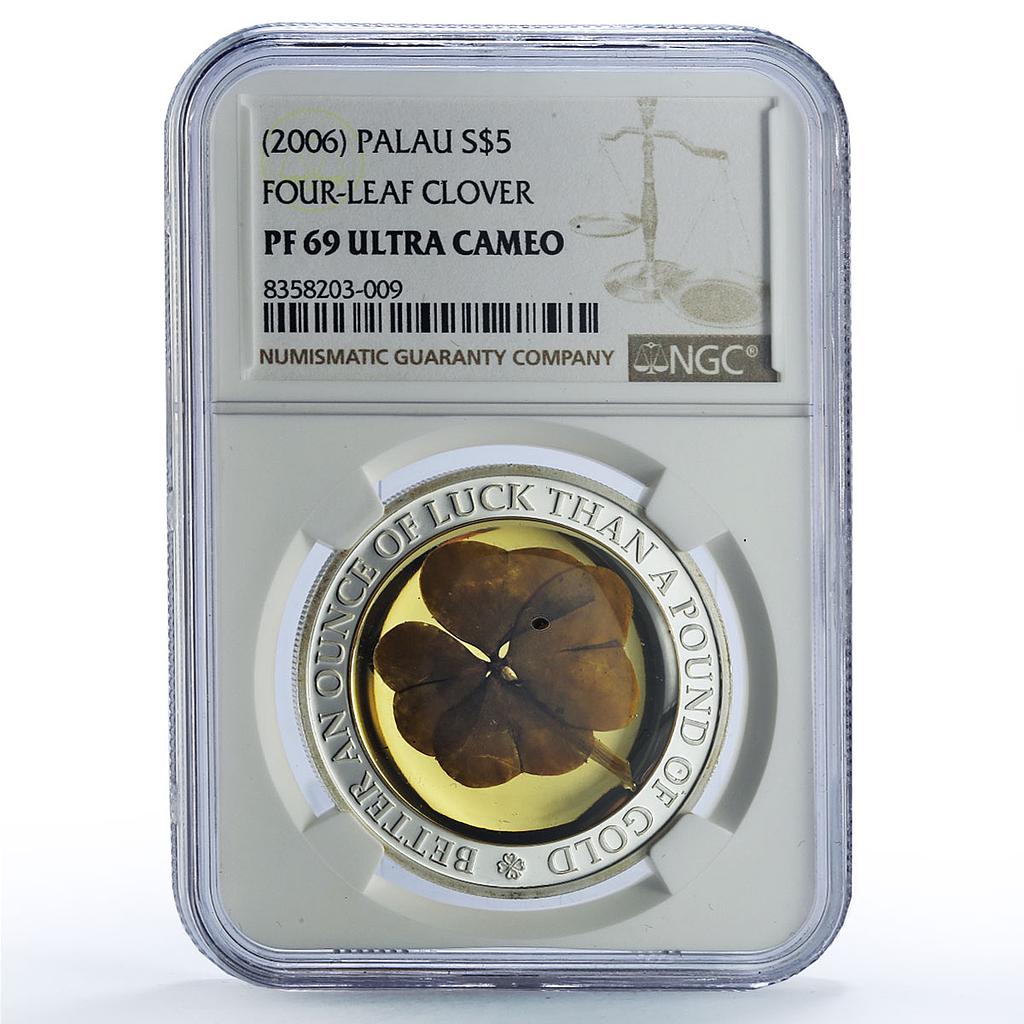 Palau 5 dollars Four Leaf Clover Ounce of Luck PF69 NGC silver coin 2006