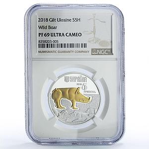Ukraine 5 hryvnias Boar Cultural Monuments Fauna Gilt PF69 NGC silver coin 2018