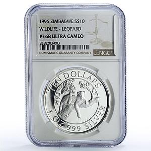 Zimbabwe 10 dollars Leopard Conservation Wildlife Fauna PF68 NGC Ag coin 1996