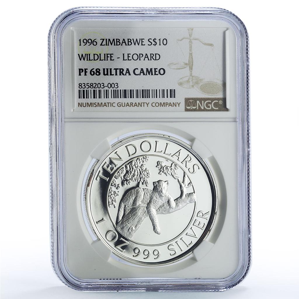 Zimbabwe 10 dollars Leopard Conservation Wildlife Fauna PF68 NGC Ag coin 1996