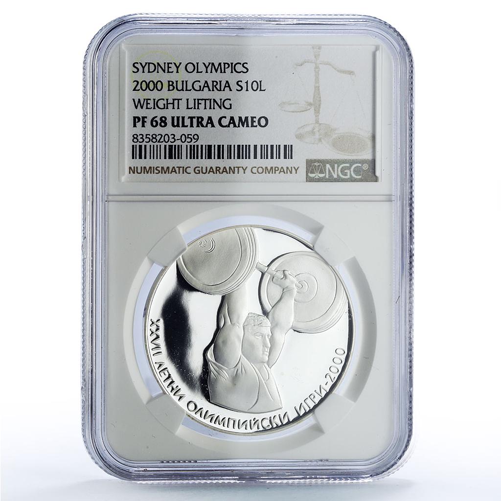 Bulgaria 10 leva Weightlifting Sydney Olympic Games PF68 NGC silver coin 2000