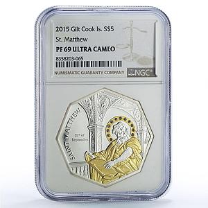 Cook Islands 5 dollars Saint Matthew History Religion Gilt PF69 NGC Ag coin 2015