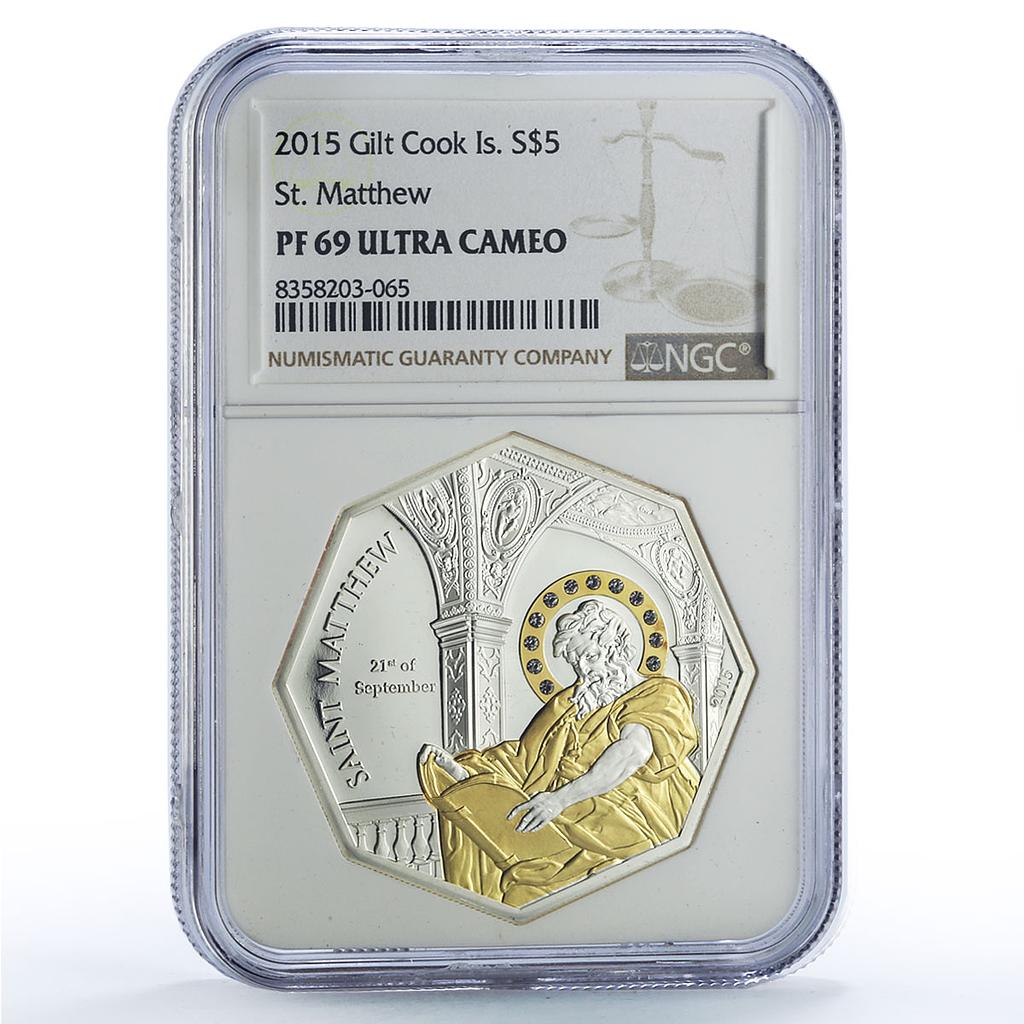 Cook Islands 5 dollars Saint Matthew History Religion Gilt PF69 NGC Ag coin 2015