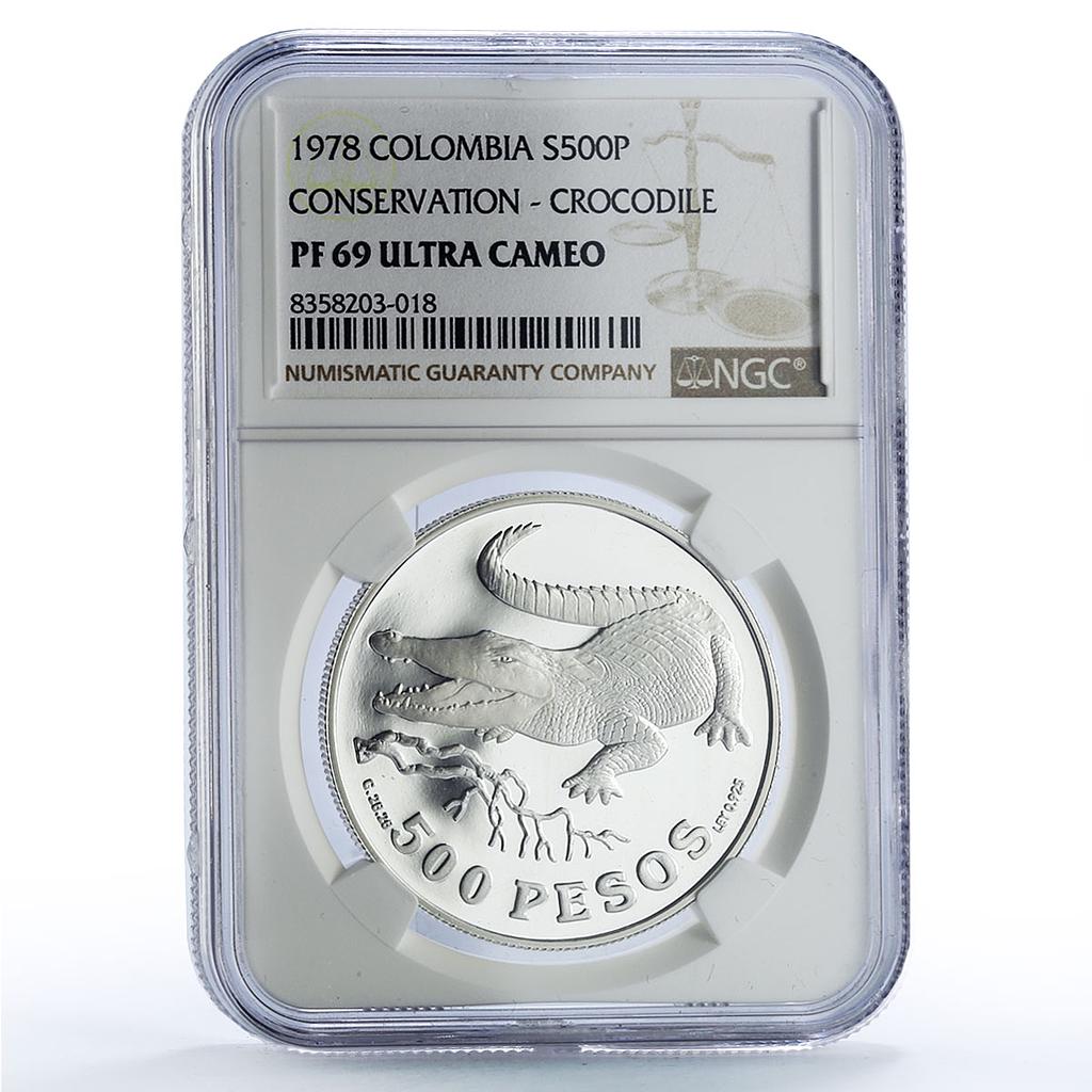 Colombia 500 pesos Crocodile Conservation Fauna PF69 NGC silver coin 1978