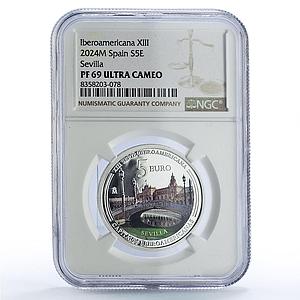 Spain 5 euro Sevilla Capitals Ibero-American PF69 NGC silver coin 2024