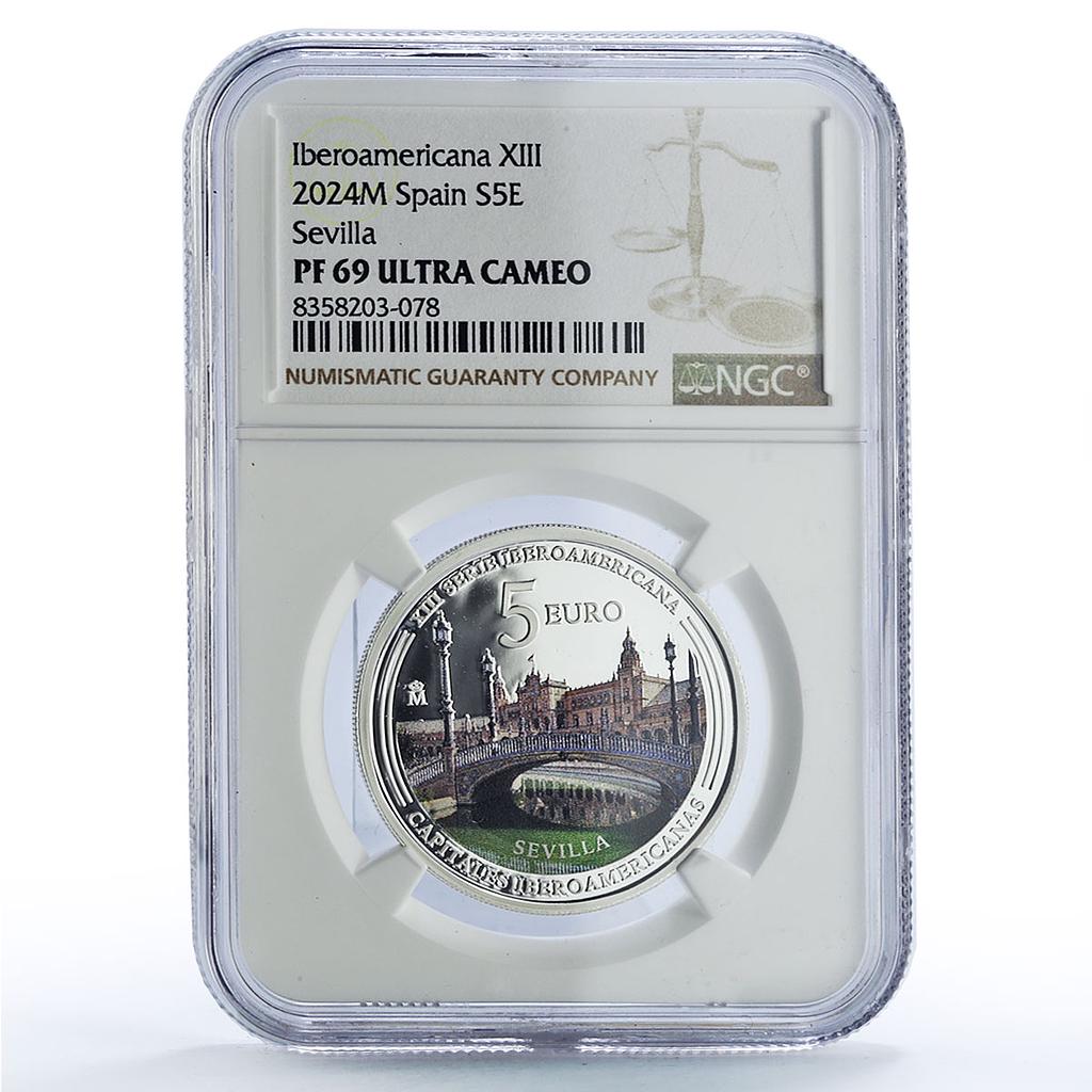 Spain 5 euro Sevilla Capitals Ibero-American PF69 NGC silver coin 2024